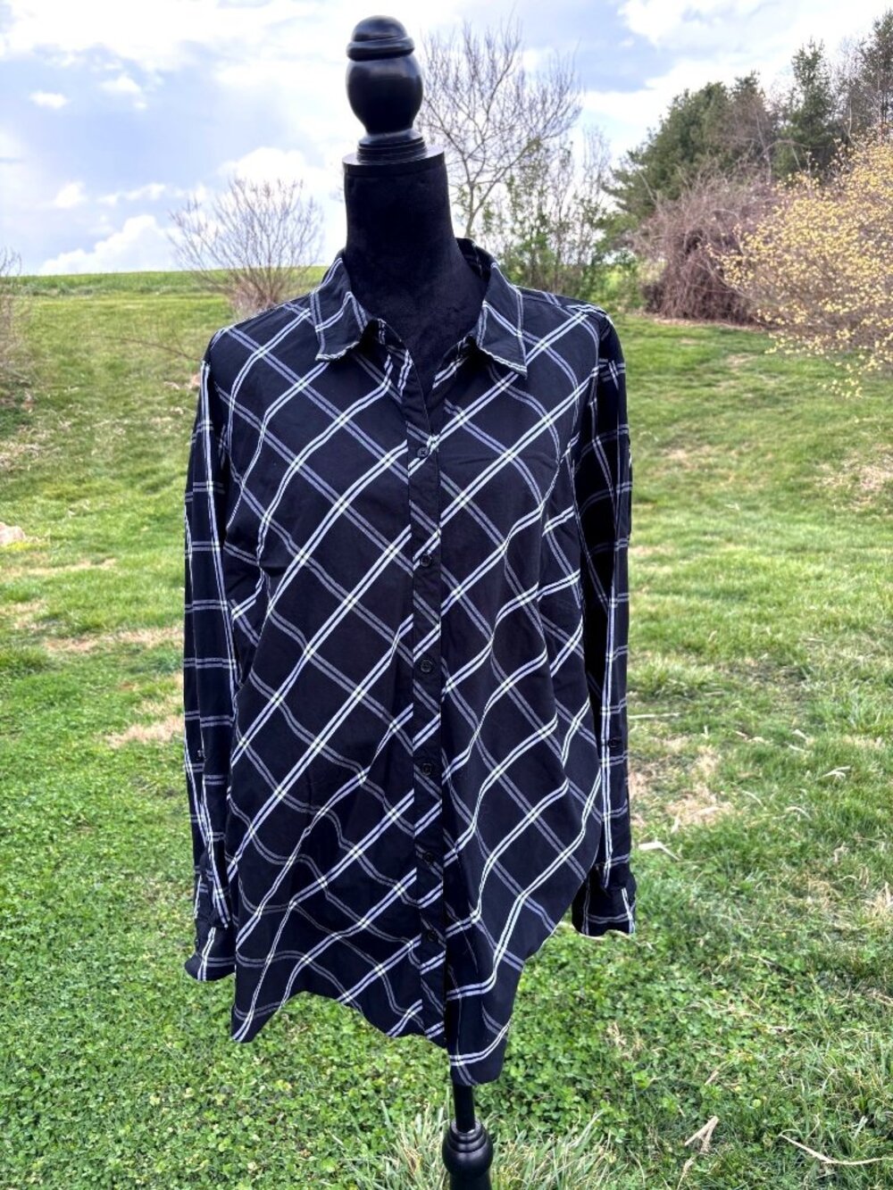 Kim Rogers Button up Blouse 3X Black White Plaid Long Sleeve Lightweight Casual